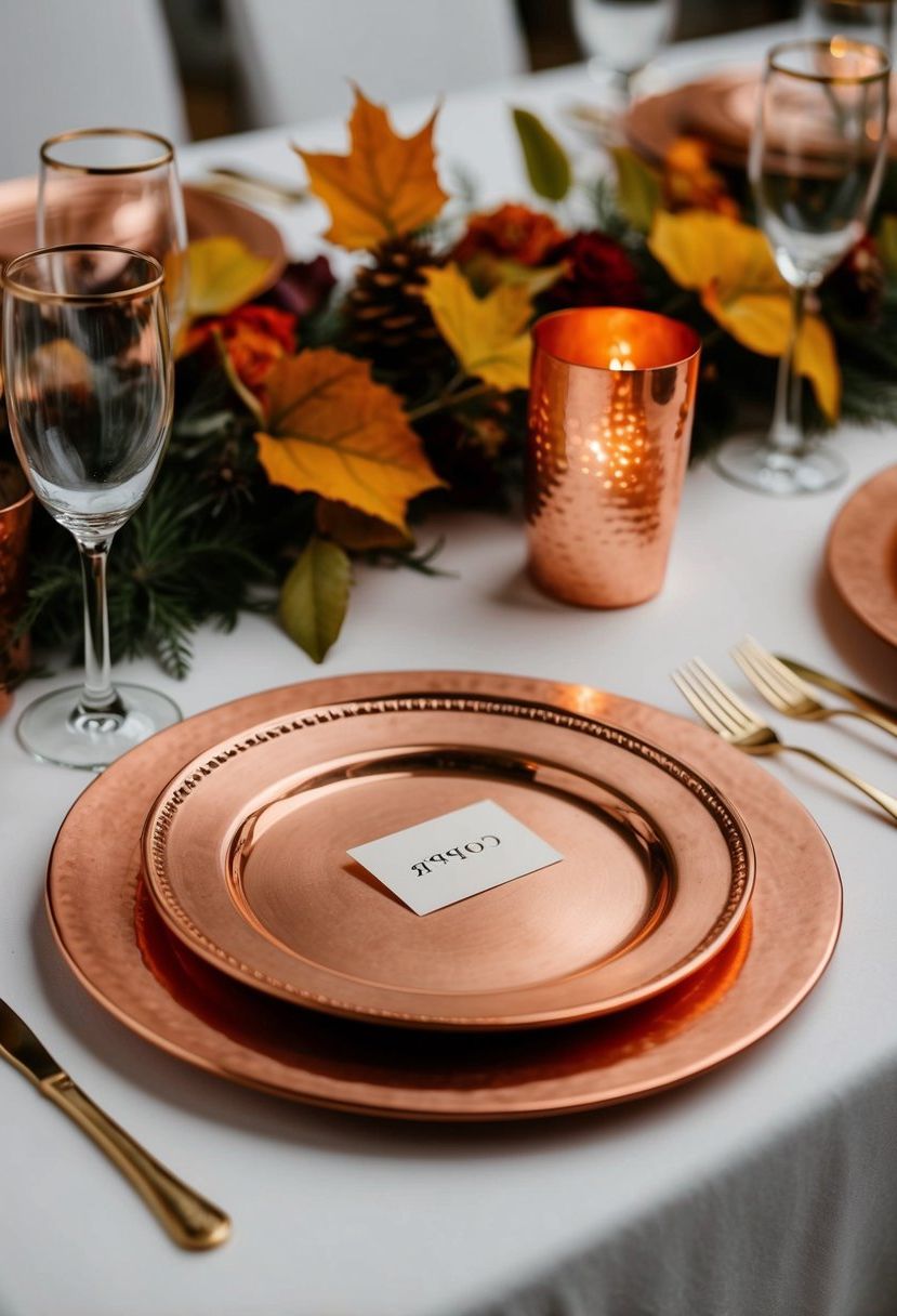Copper chargers with autumn foliage and simple table decor for a wedding