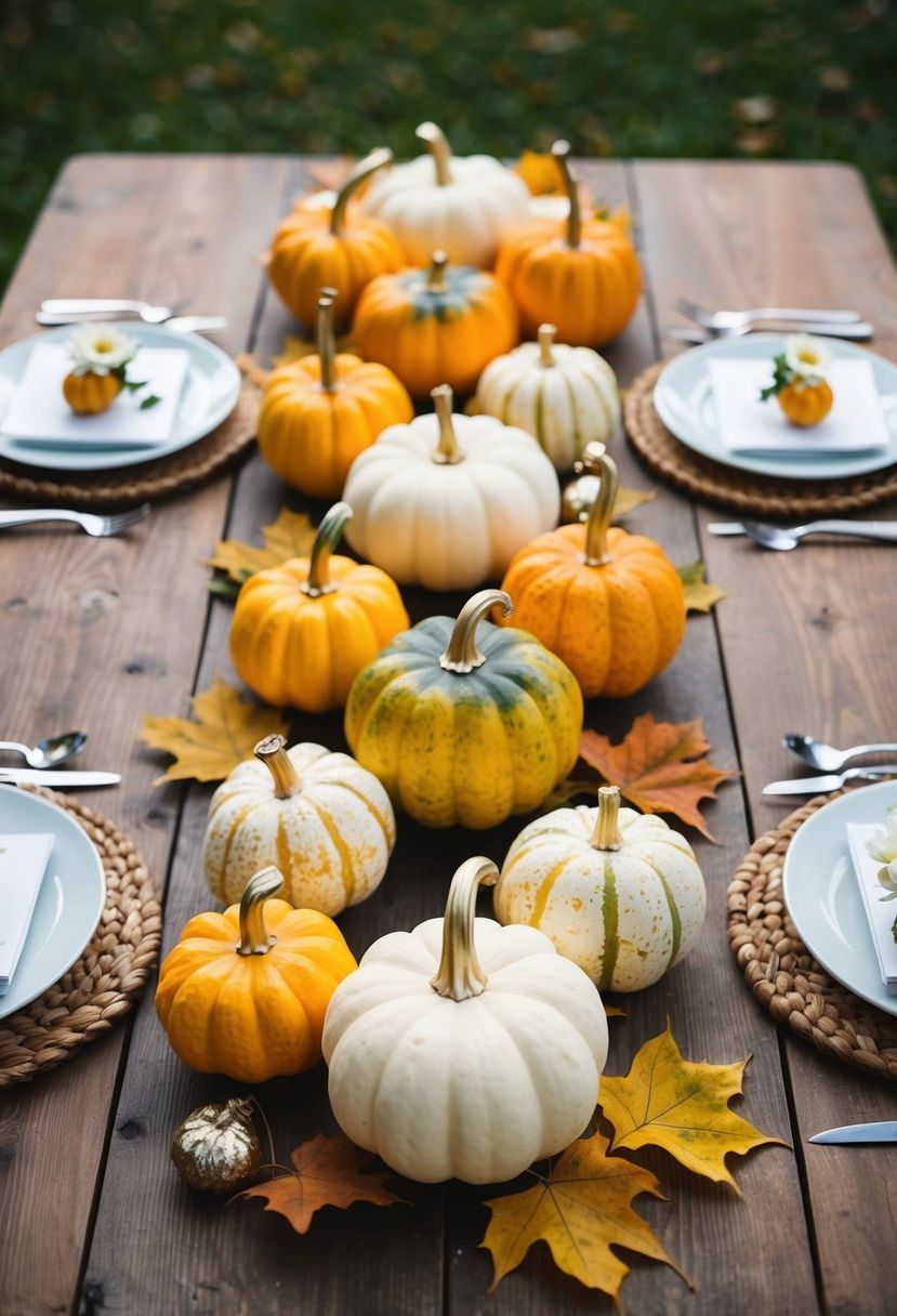 Hand-painted gourds arranged on a rustic wooden table with autumn leaves and simple floral accents for a wedding decoration