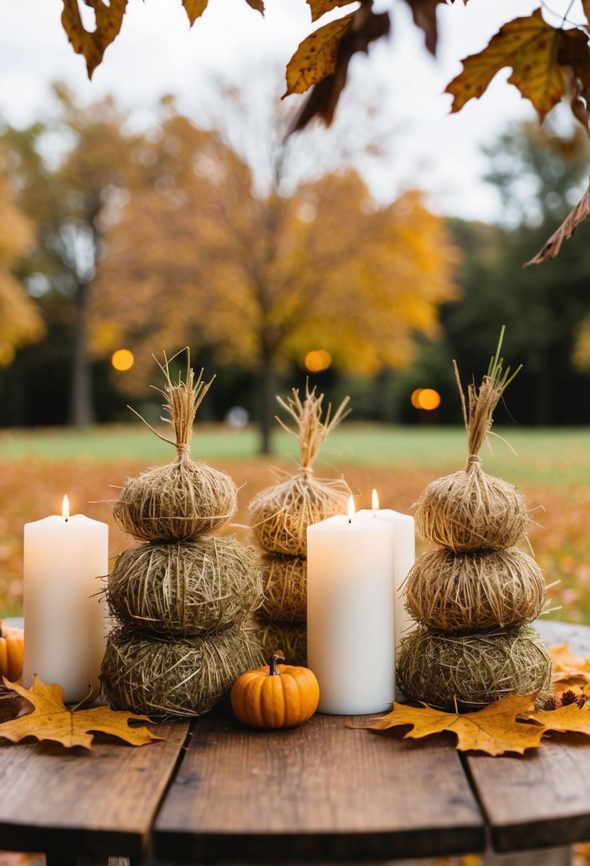 Mini haystacks, autumn leaves, and simple white candles arranged on a wooden table for a rustic wedding decoration