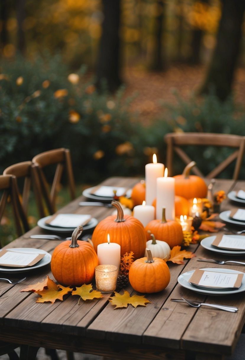 A rustic wooden table adorned with small pumpkins, candles, and autumn leaves, creating a simple and charming wedding centerpiece