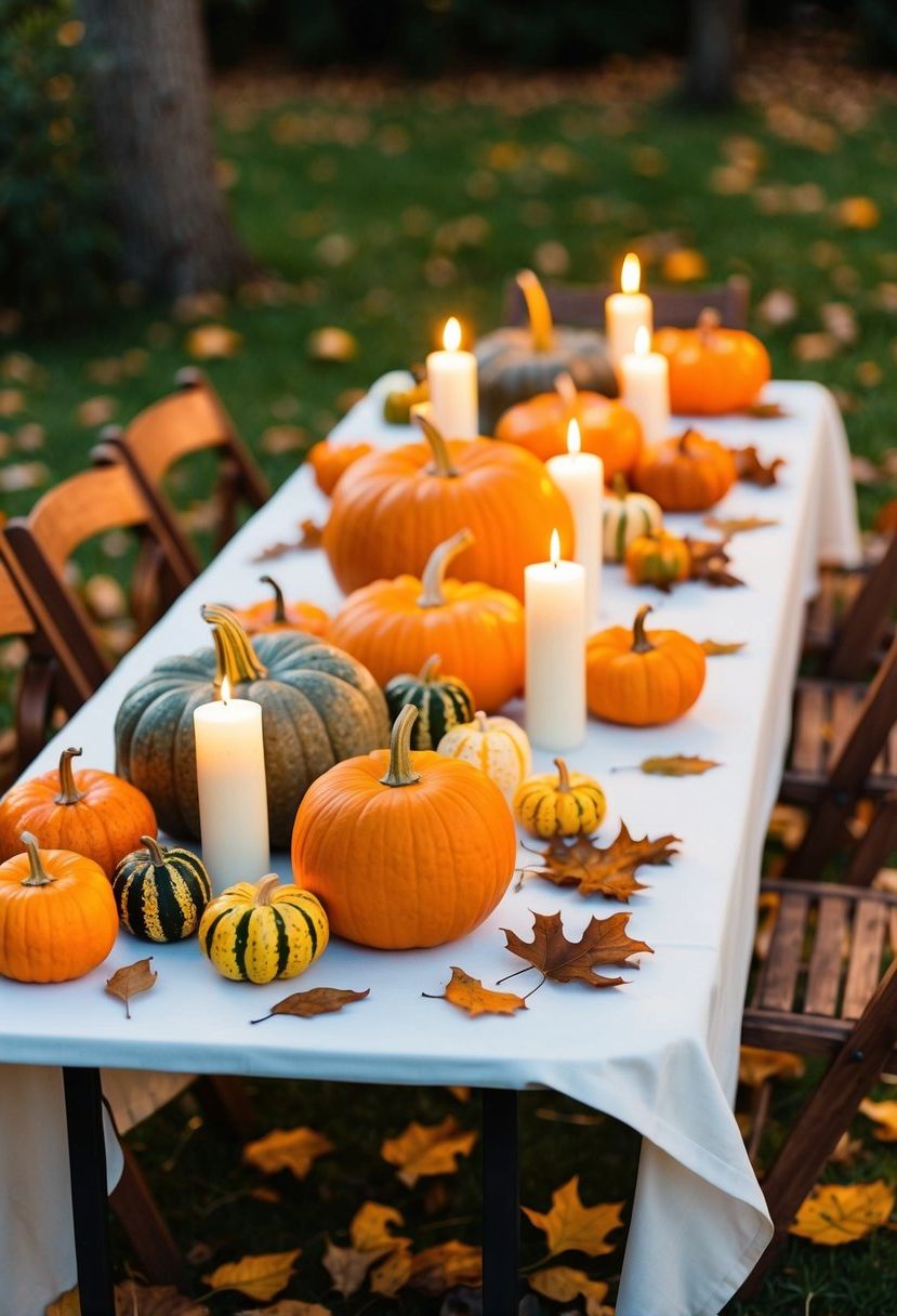 An outdoor table with a white tablecloth, adorned with pumpkins, gourds, and candles in warm autumn colors. Fallen leaves scattered around
