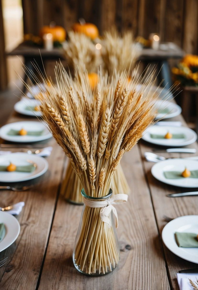 A rustic table adorned with dried wheat bundles, evoking a simple and elegant autumn wedding decoration