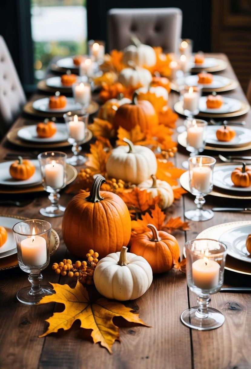 A wooden table adorned with orange and gold leaves, small pumpkins, and candles in glass holders