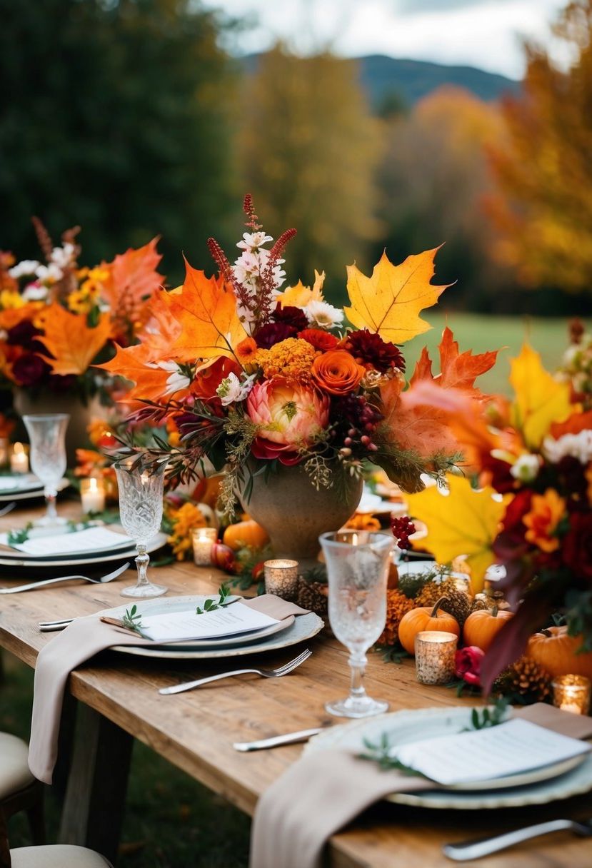 Vibrant leaves and flowers adorn a rustic wedding table in autumn