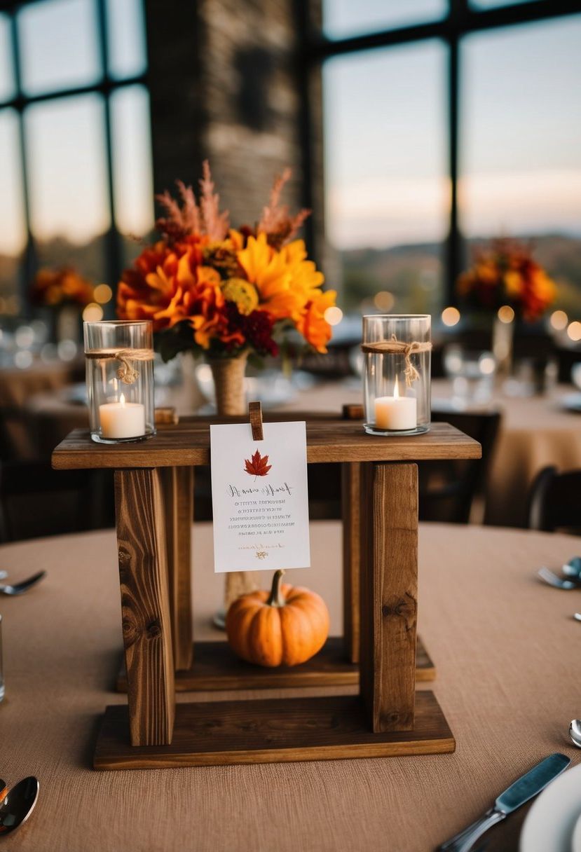 Rustic wooden stands hold simple autumn wedding table decor