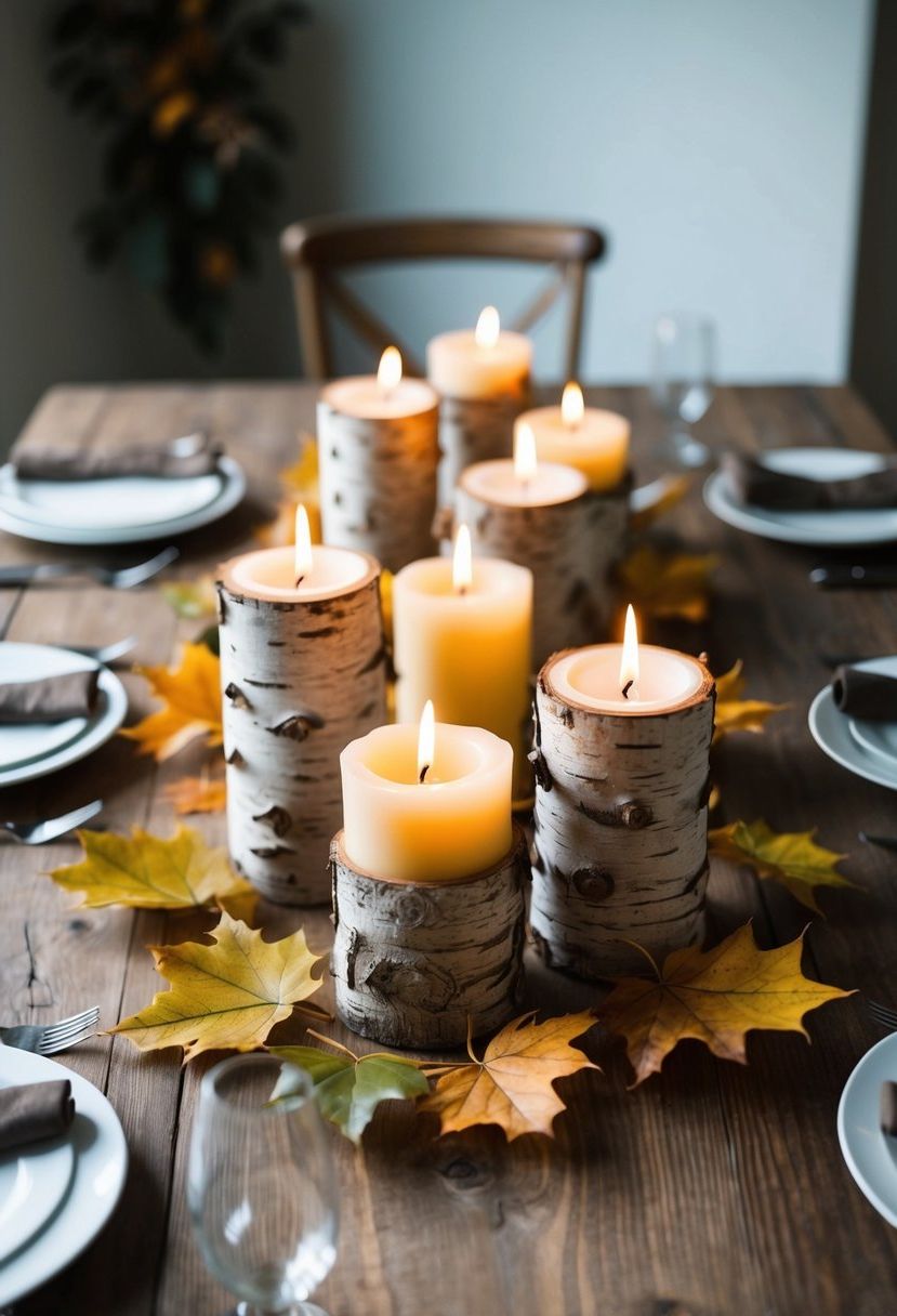 Birchwood candle holders arranged on a rustic table with autumn leaves and simple wedding decor