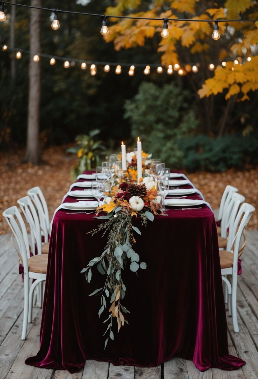 Velvet tablecloths drape a rustic wooden table, adorned with autumn foliage and simple wedding decor