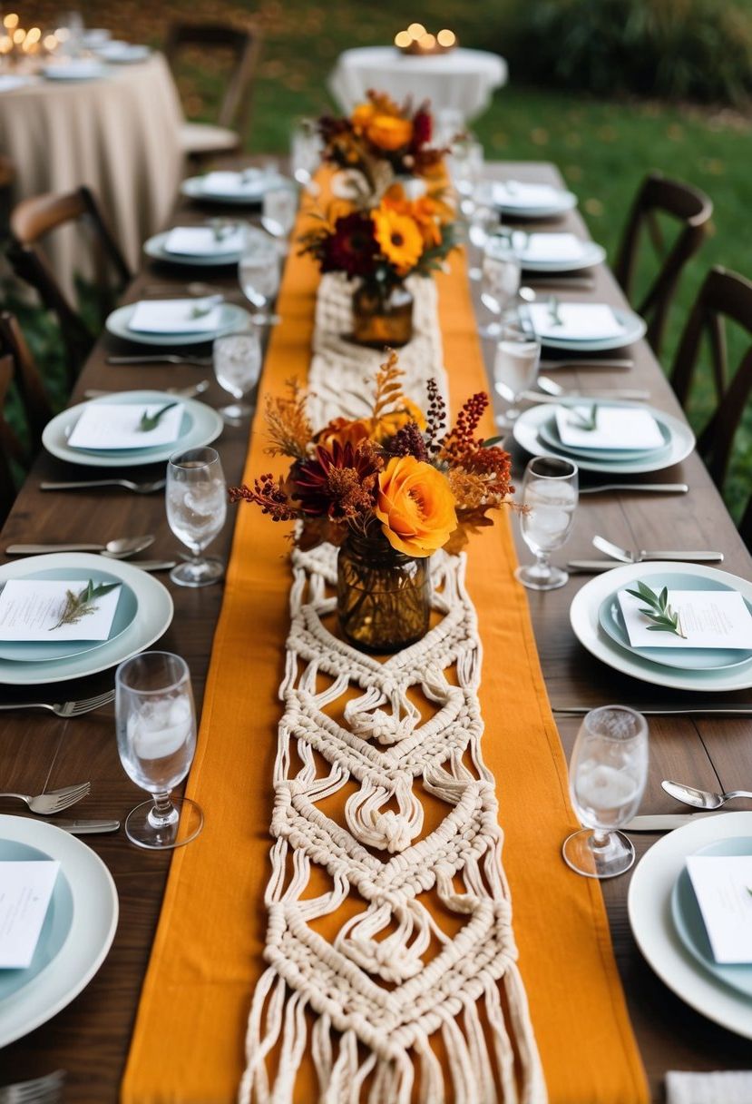 An autumn-themed table adorned with a macrame runner, surrounded by simple wedding decor