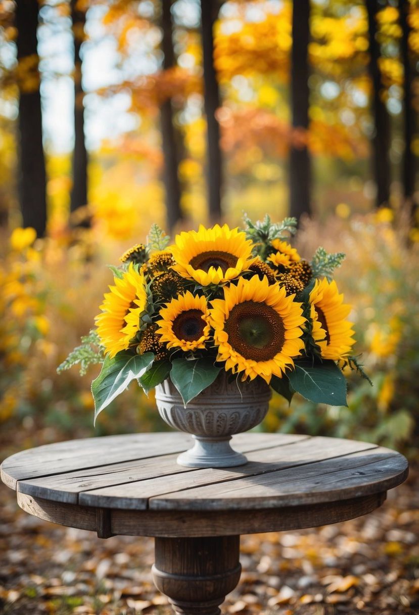 A rustic wooden table adorned with sunflower arrangements, set against a backdrop of autumn foliage