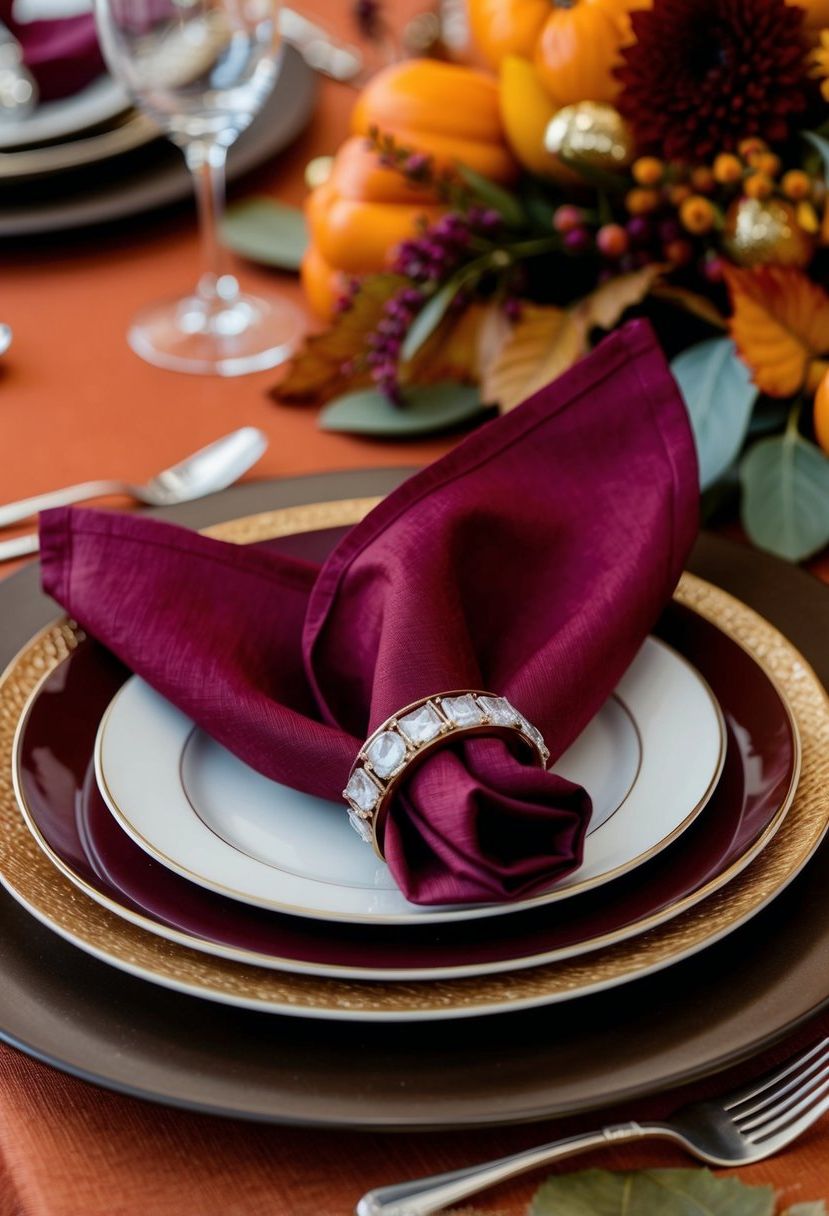 Burgundy napkin rings encircle folded napkins on a rich autumn-themed table setting, adding a touch of elegance to the wedding decor