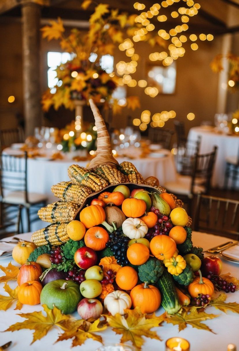 A bountiful cornucopia overflowing with autumn fruits and vegetables, surrounded by golden leaves and rustic accents on a wedding reception table