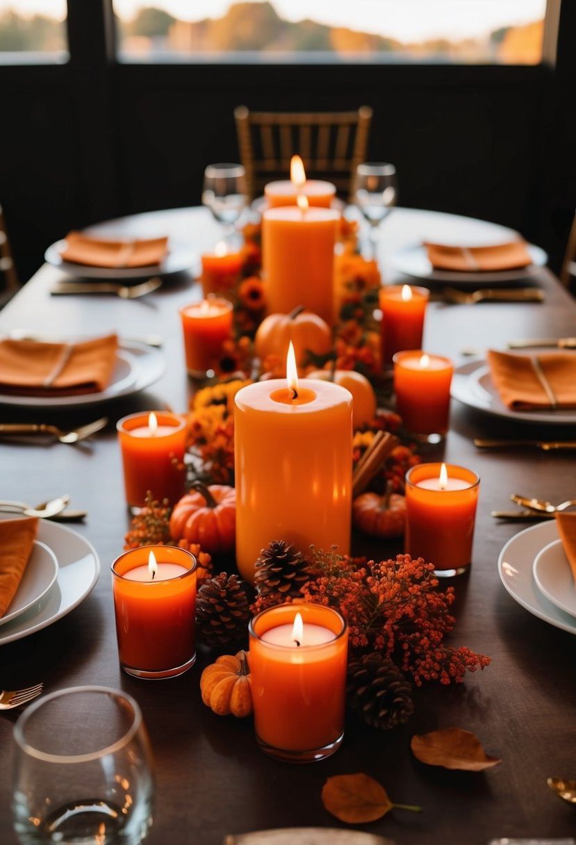 Autumn wedding table adorned with orange and cinnamon-scented candles for warm ambiance