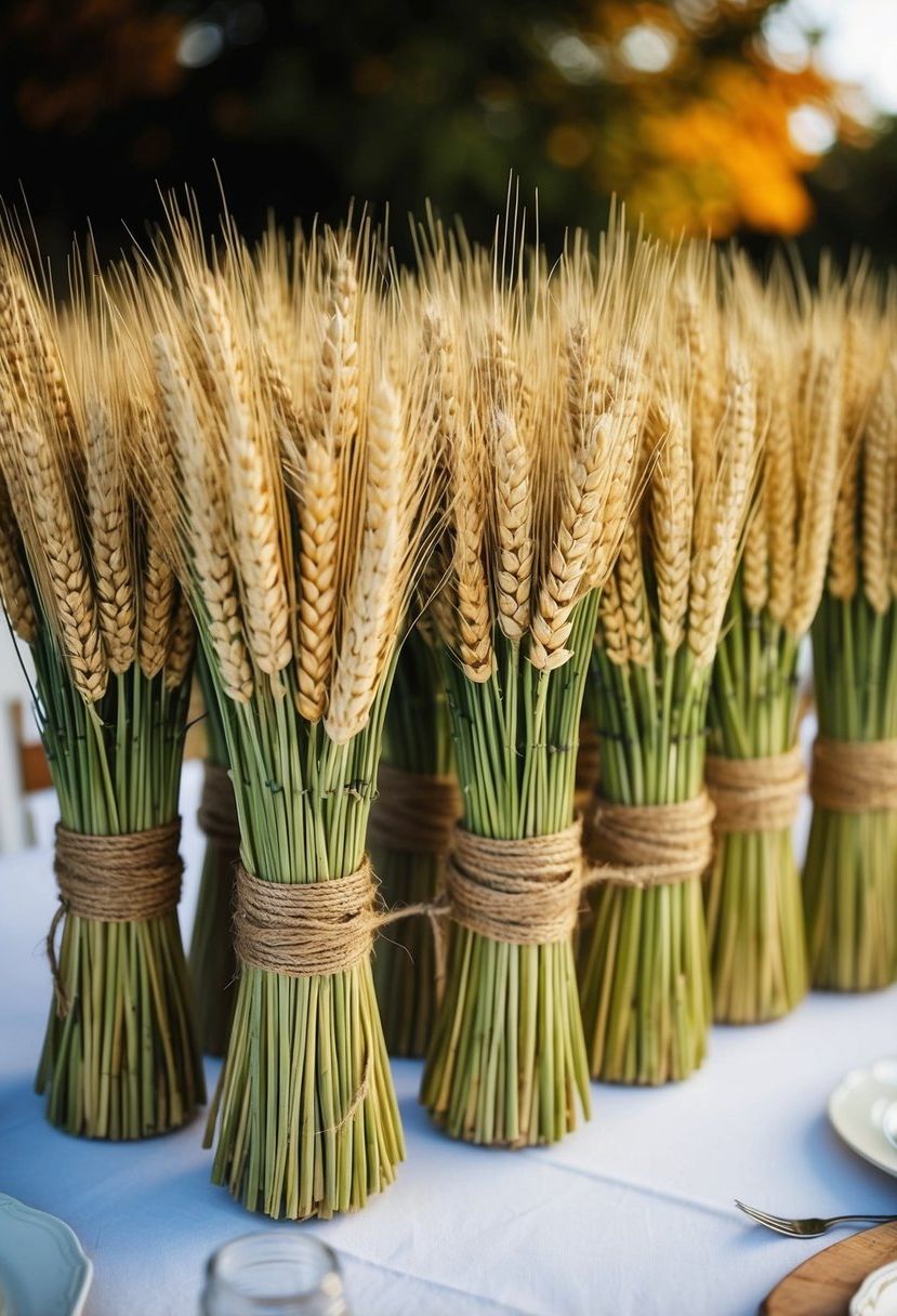 Wheat bundles tied with twine arranged as table decorations for an autumn wedding