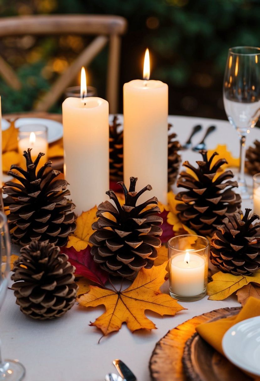 Pine cones arranged on a table, surrounded by autumn leaves and candles for a rustic wedding centerpiece