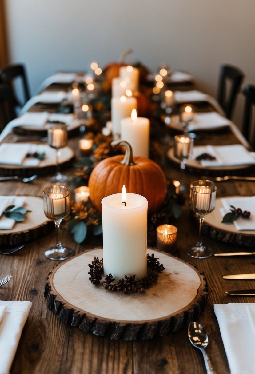 Rustic wood slices with candles and decor, creating a cozy autumn wedding table setting