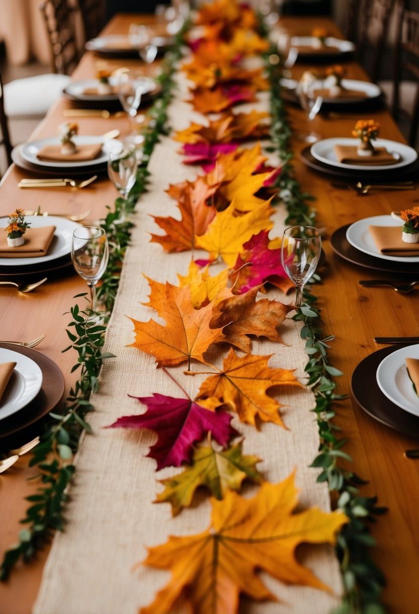 Vibrant autumn leaves cascade down tables with runners, creating a warm and festive atmosphere for a wedding celebration