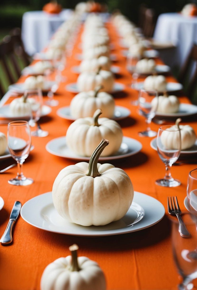 Miniature white pumpkins arranged at each place setting on an autumn-themed wedding table
