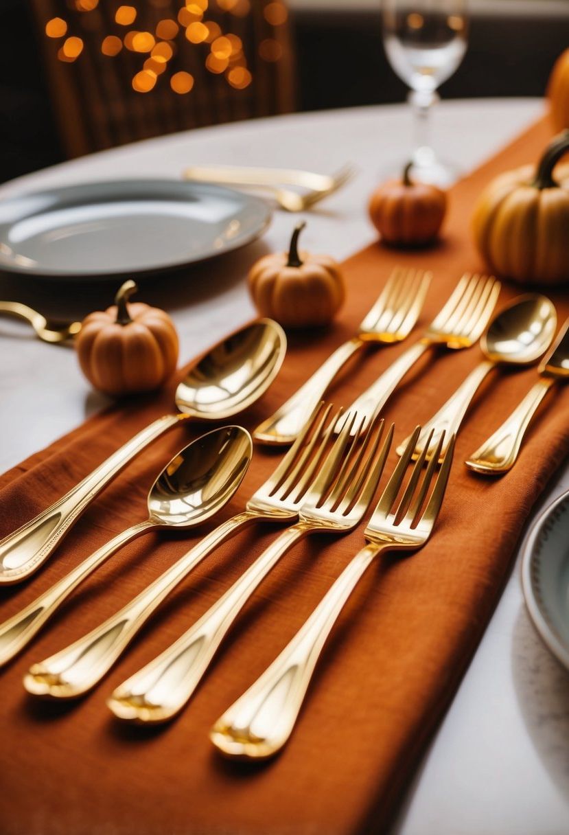 Golden cutlery arranged on a table with warm fall tones