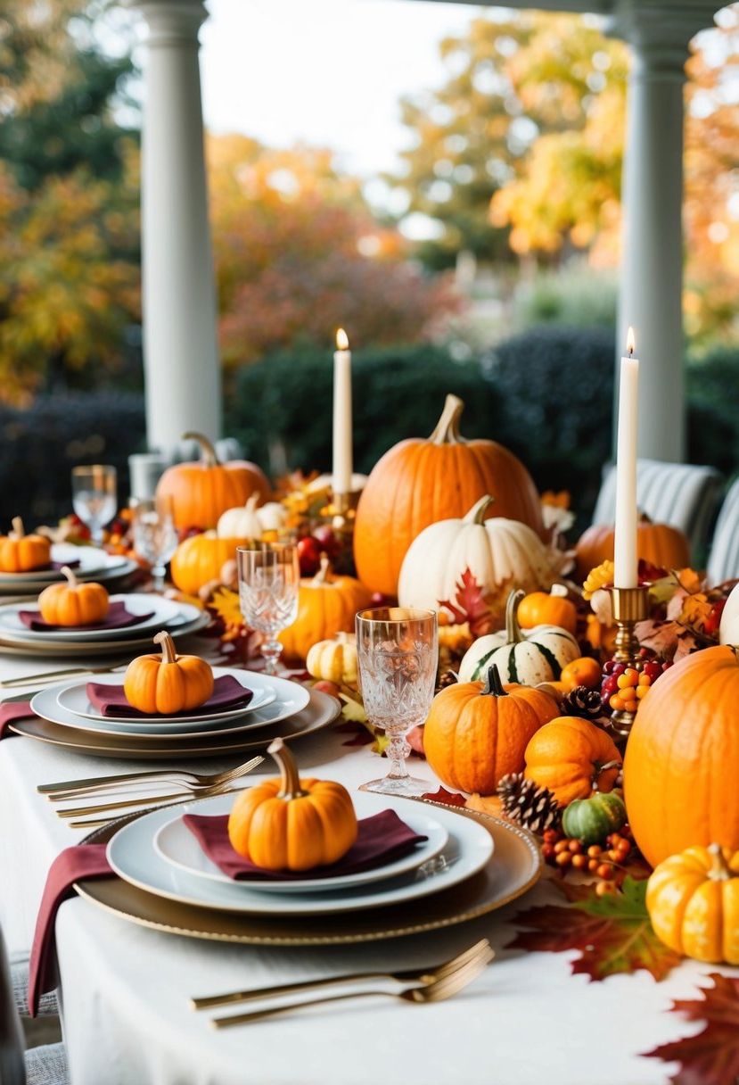An elegant table set with rich autumn colors and seasonal elements like pumpkins, gourds, and fall foliage