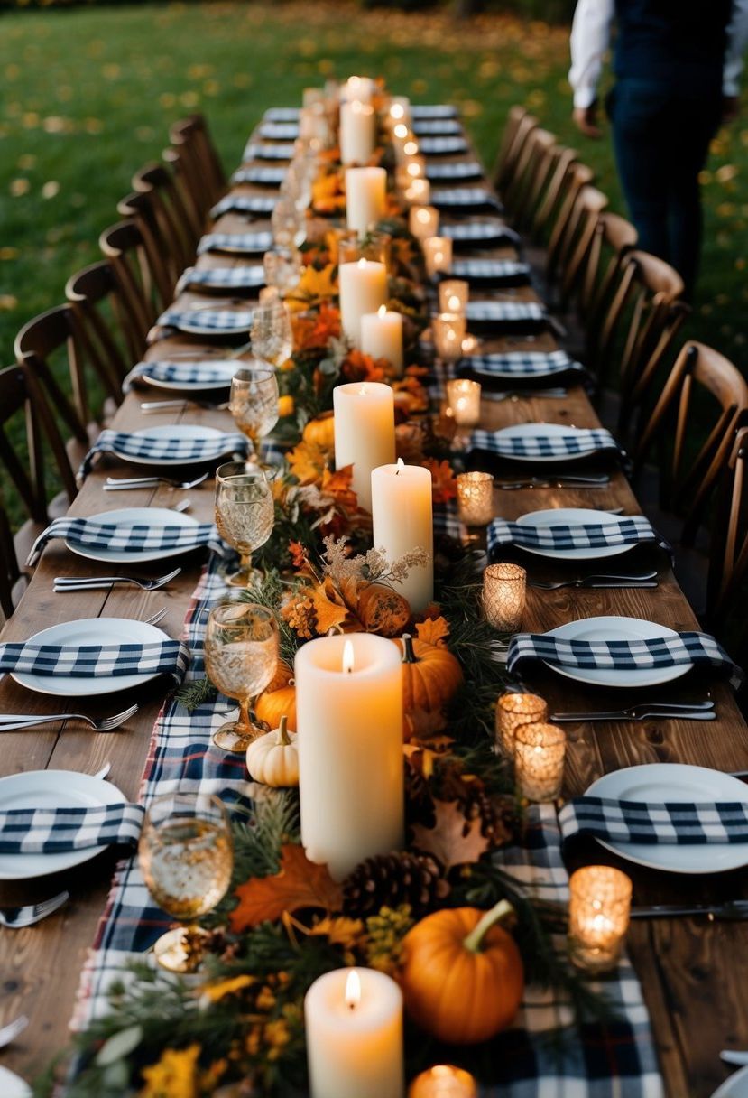 A long wooden table set with plaid runners, adorned with autumn foliage and candles for a rustic wedding vibe