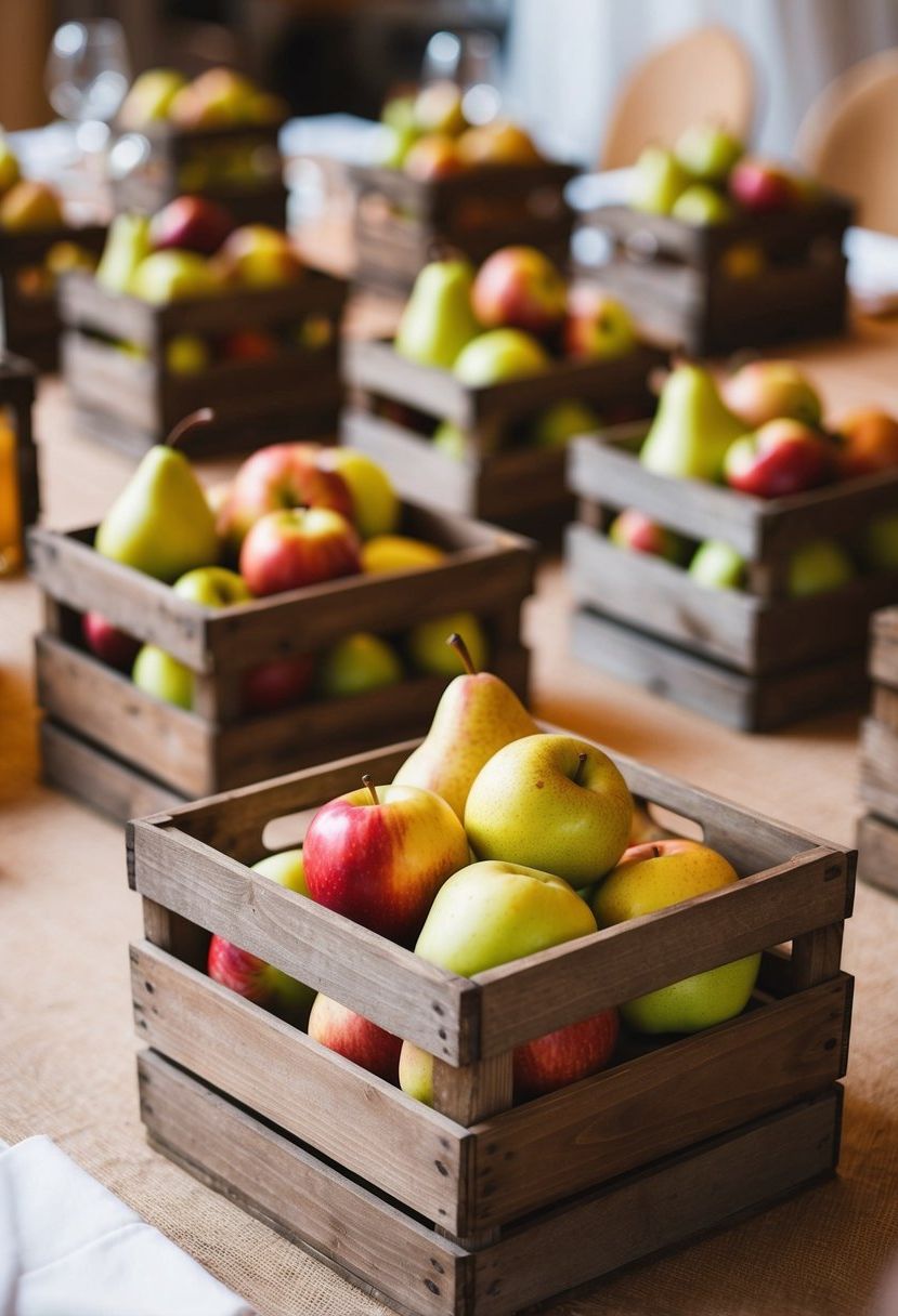 Wooden crates overflow with apples and pears, arranged as autumn wedding table decor