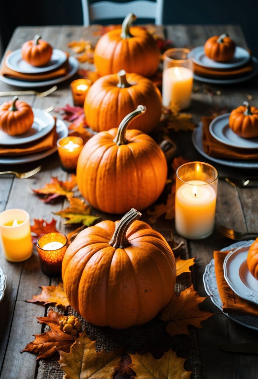 Pumpkins arranged as centerpieces on a rustic wooden table, surrounded by autumn leaves and candles, creating an authentic fall atmosphere