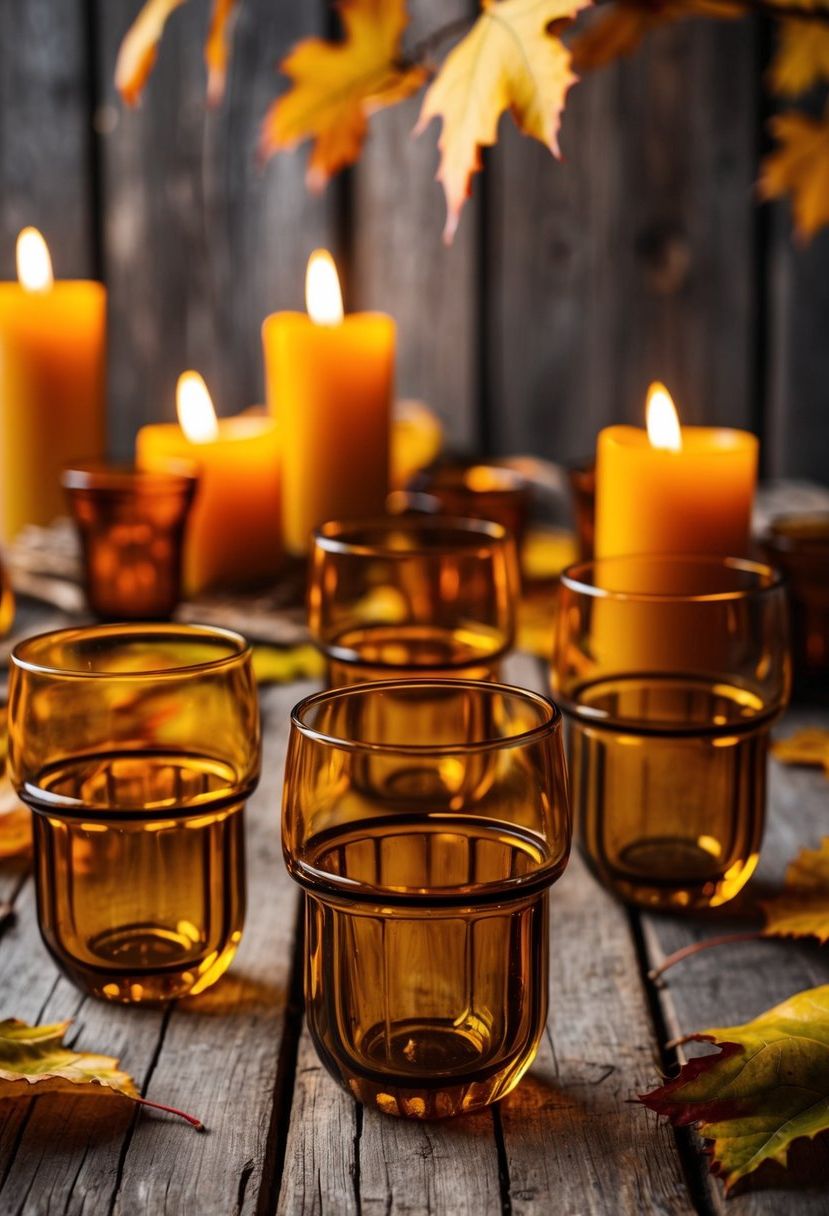 Amber glassware arranged on a rustic wooden table, surrounded by autumn leaves and warm candlelight