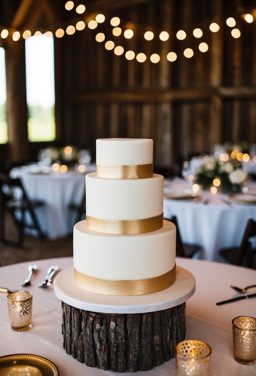 A minimalistic white and gold cake sits as table decor at a rustic barn wedding
