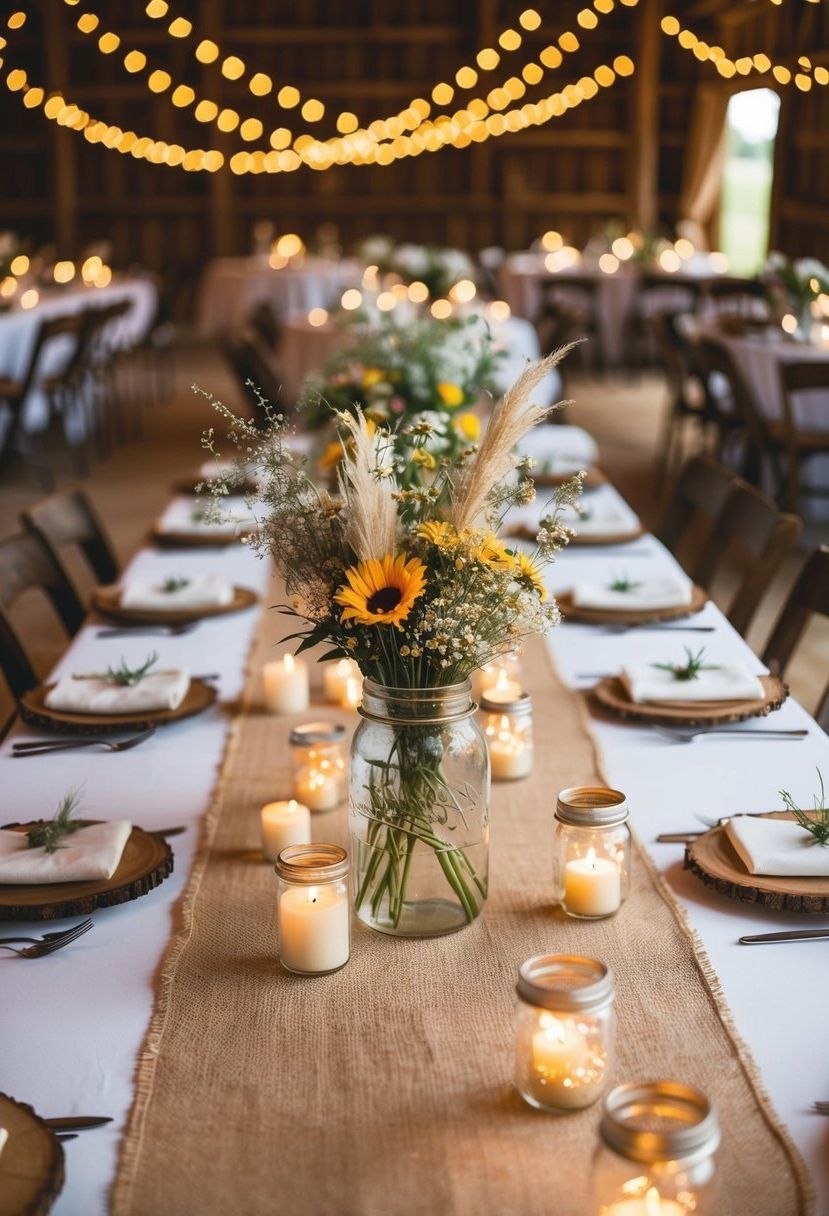 A rustic barn wedding table adorned with mason jar centerpieces, wildflower bouquets, and burlap table runners. Fairy lights and candles create a warm, romantic atmosphere