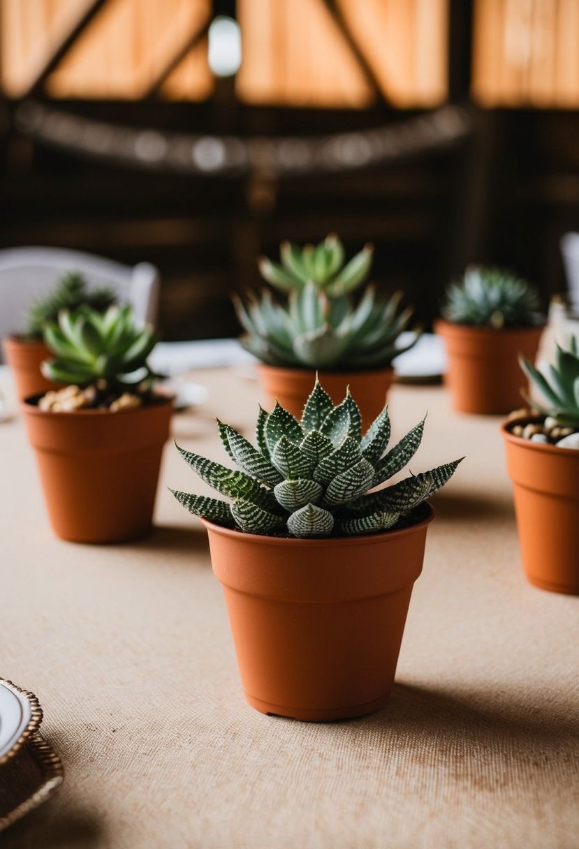 Small potted succulents adorn rustic tables at a barn wedding
