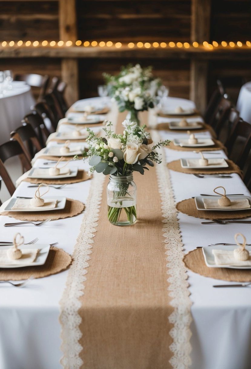 Burlap table runners with lace overlays adorn rustic barn wedding tables