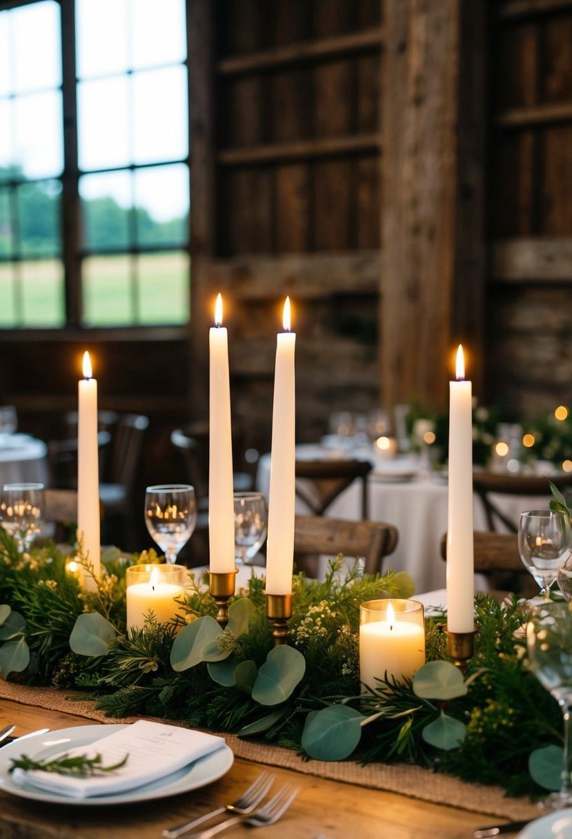 Long stem and shorter candles are nestled among greenery on a rustic barn wedding table
