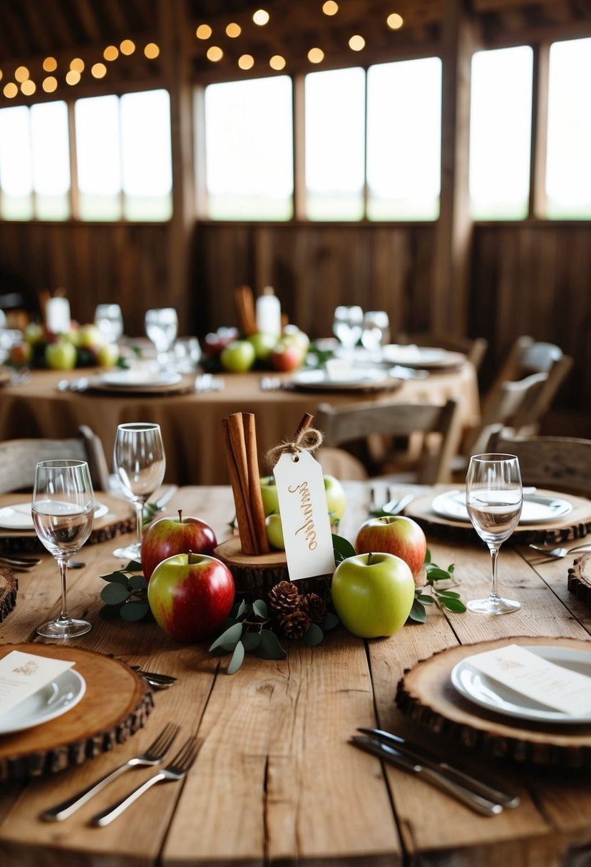 A rustic barn table set with apple and cinnamon stick centerpieces, each adorned with name tags for a charming wedding decoration