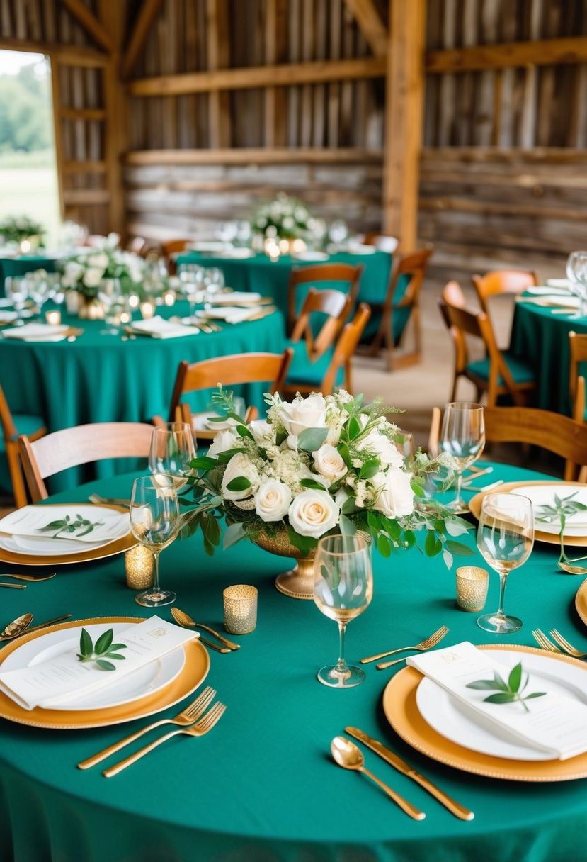 Emerald green tablecloths, golden cutlery, and lush floral centerpieces elevate rustic barn wedding tables