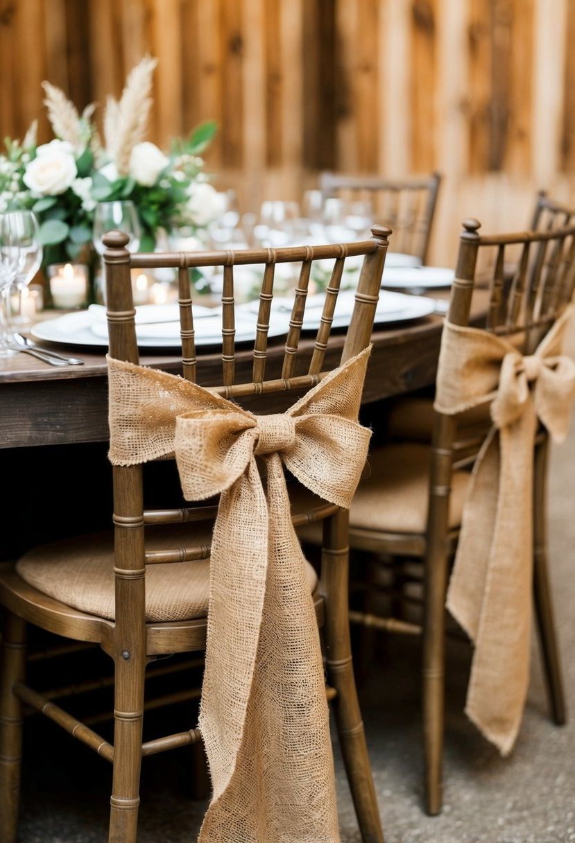 Burlap chair sashes tied in rustic bows on wooden chairs at a barn wedding reception table