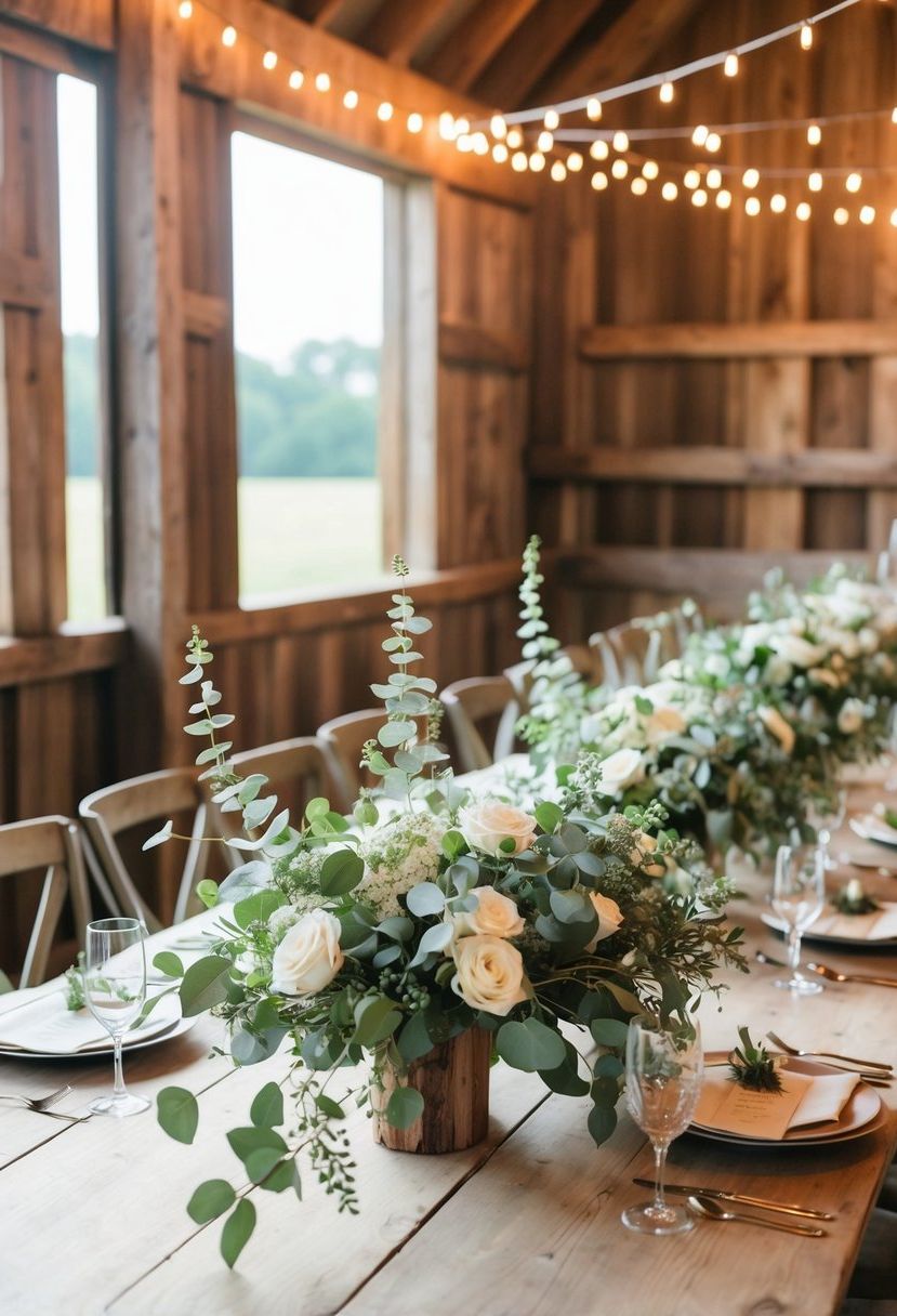 A rustic barn wedding table adorned with boho eucalyptus and flower arrangements
