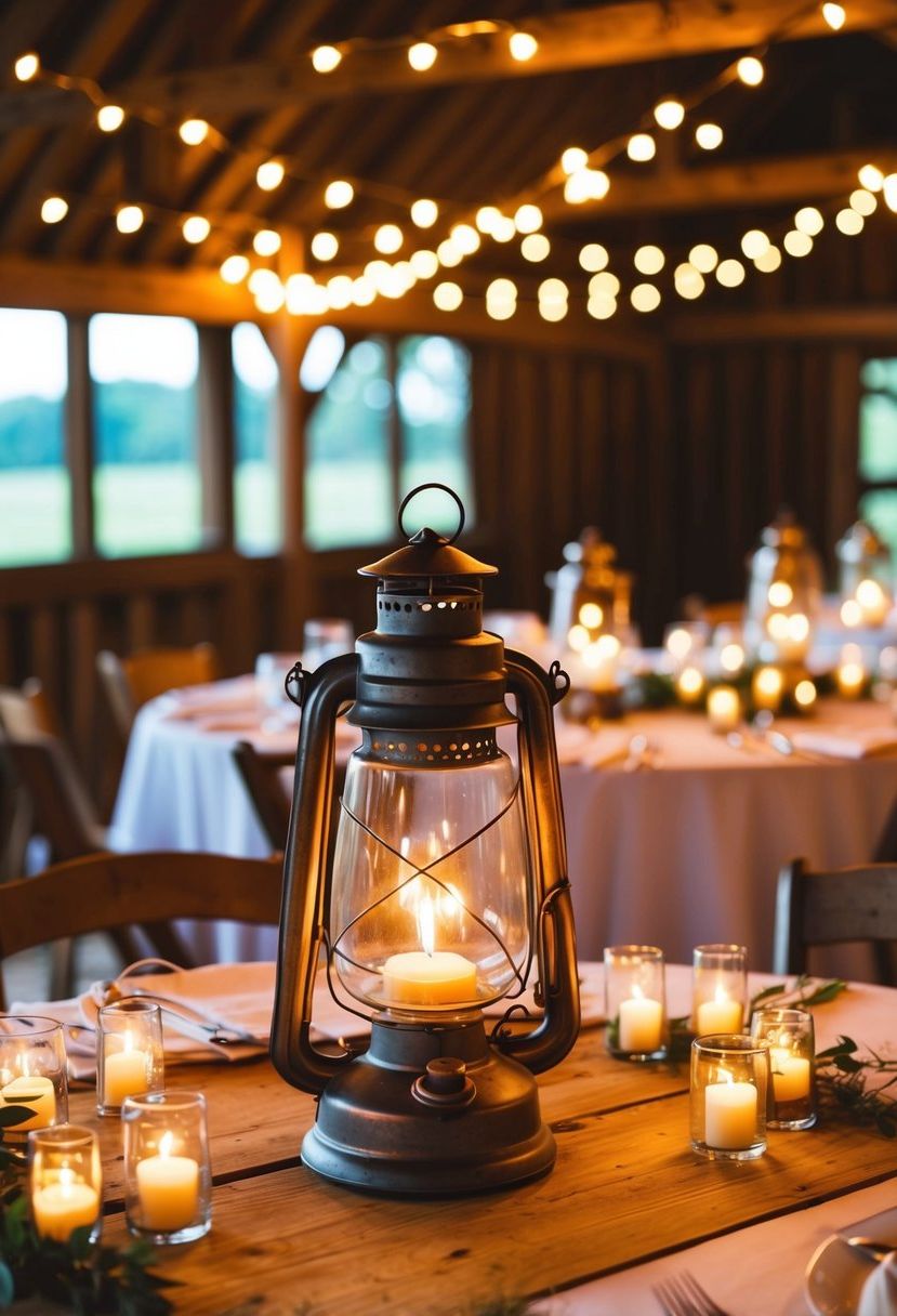 Vintage lanterns with warm fairy lights adorn rustic barn wedding tables, casting a cozy glow over the charming, intimate setting