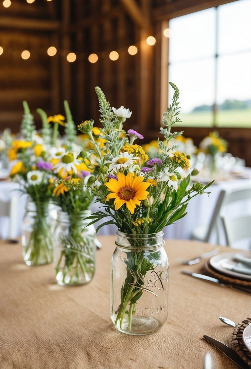 Mason jar centerpieces filled with wildflowers adorn rustic barn wedding tables