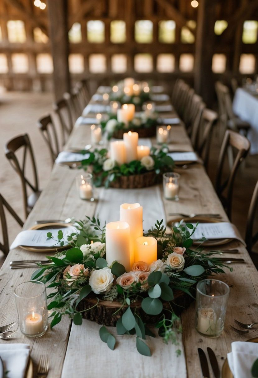Floral hoop centerpieces arranged on rustic barn tables with candles and greenery