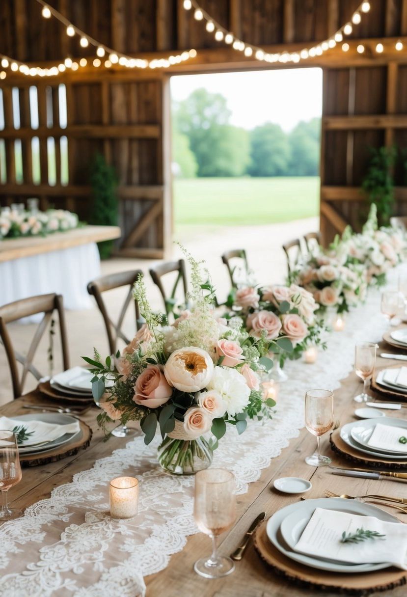 A rustic barn wedding table adorned with soft blush and white floral arrangements, delicate lace runners, and simple, elegant place settings