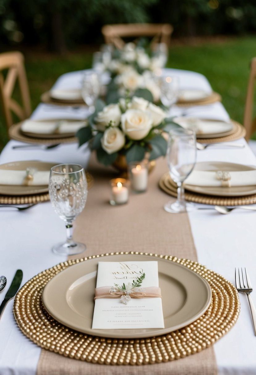A table set with beaded beige placemats, adorned with delicate wedding decorations