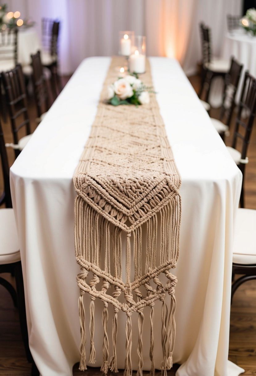 A beige macrame table runner drapes elegantly across a wedding reception table, adding a touch of bohemian charm to the decor
