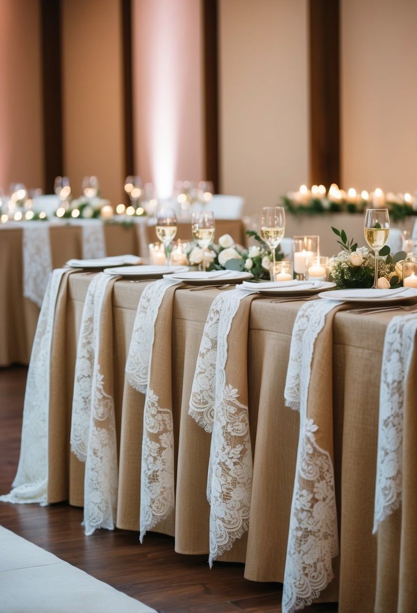 Beige burlap and lace table linens draped over a wedding reception table, adorned with delicate floral centerpieces and soft candlelight