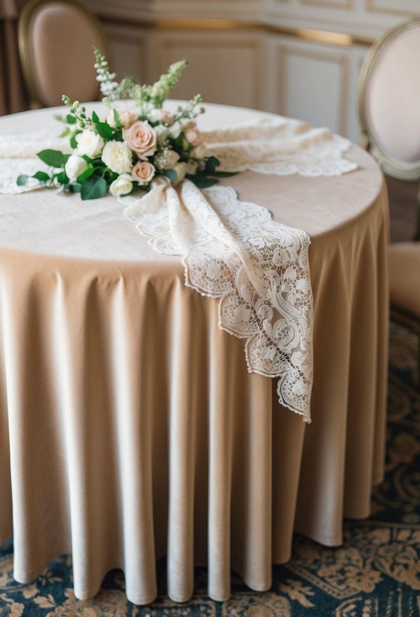 A beige velvet table cloth drapes over a round table, adorned with delicate lace and fresh flowers