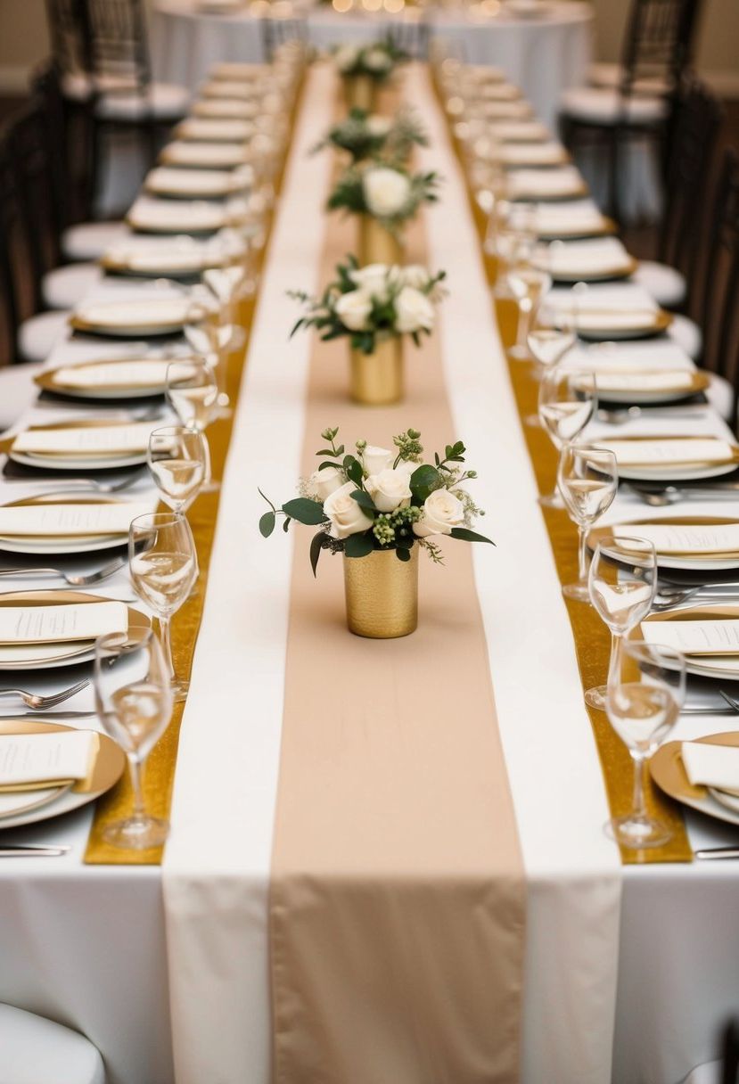 A long beige table runner with gold accents drapes elegantly across a wedding reception table, adding a touch of sophistication to the decor