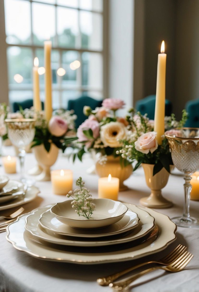 A table set with vintage beige porcelain dishes, adorned with delicate floral arrangements and soft candlelight