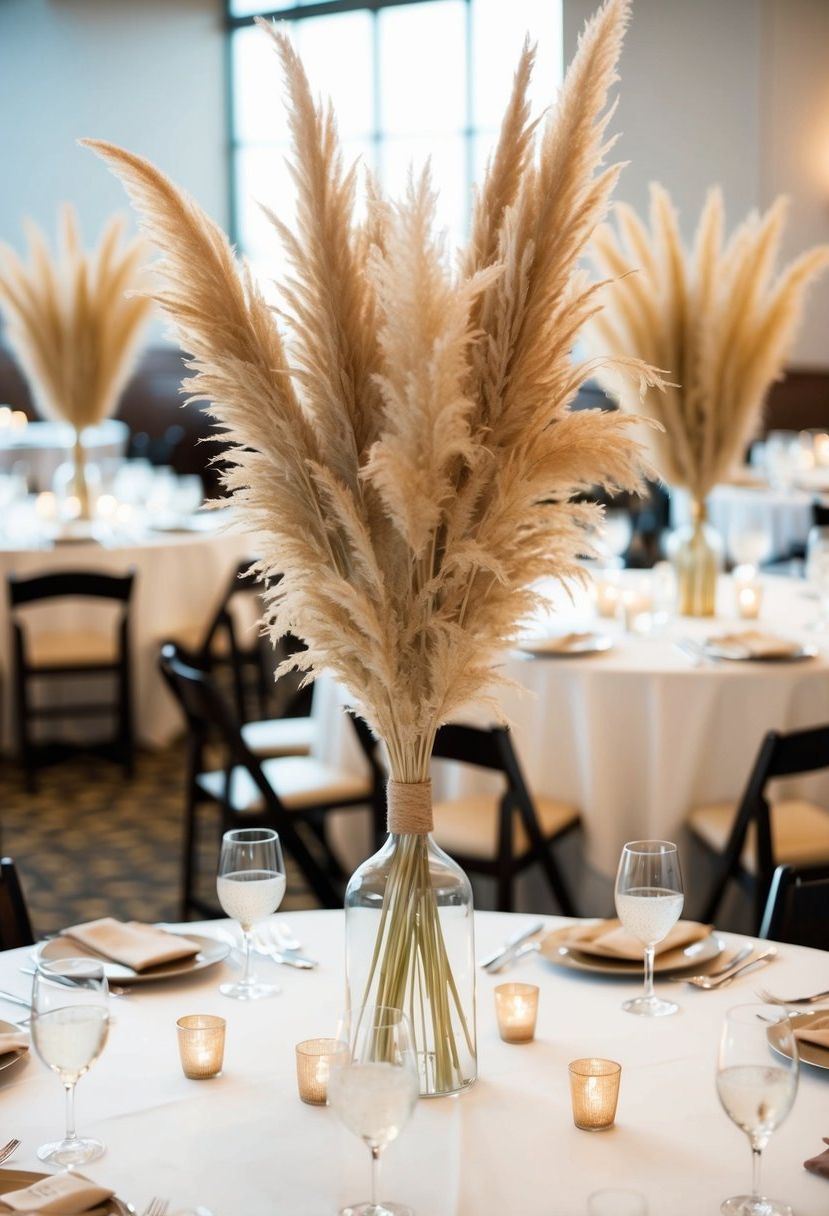 Beige pampas grass centerpieces arranged on wedding reception tables