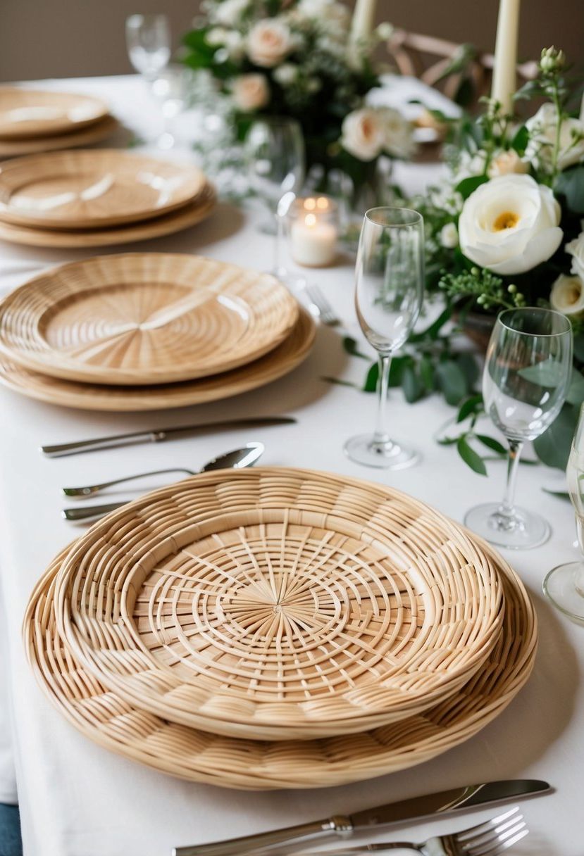 Beige wicker chargers arranged on a wedding table with plates and floral decorations