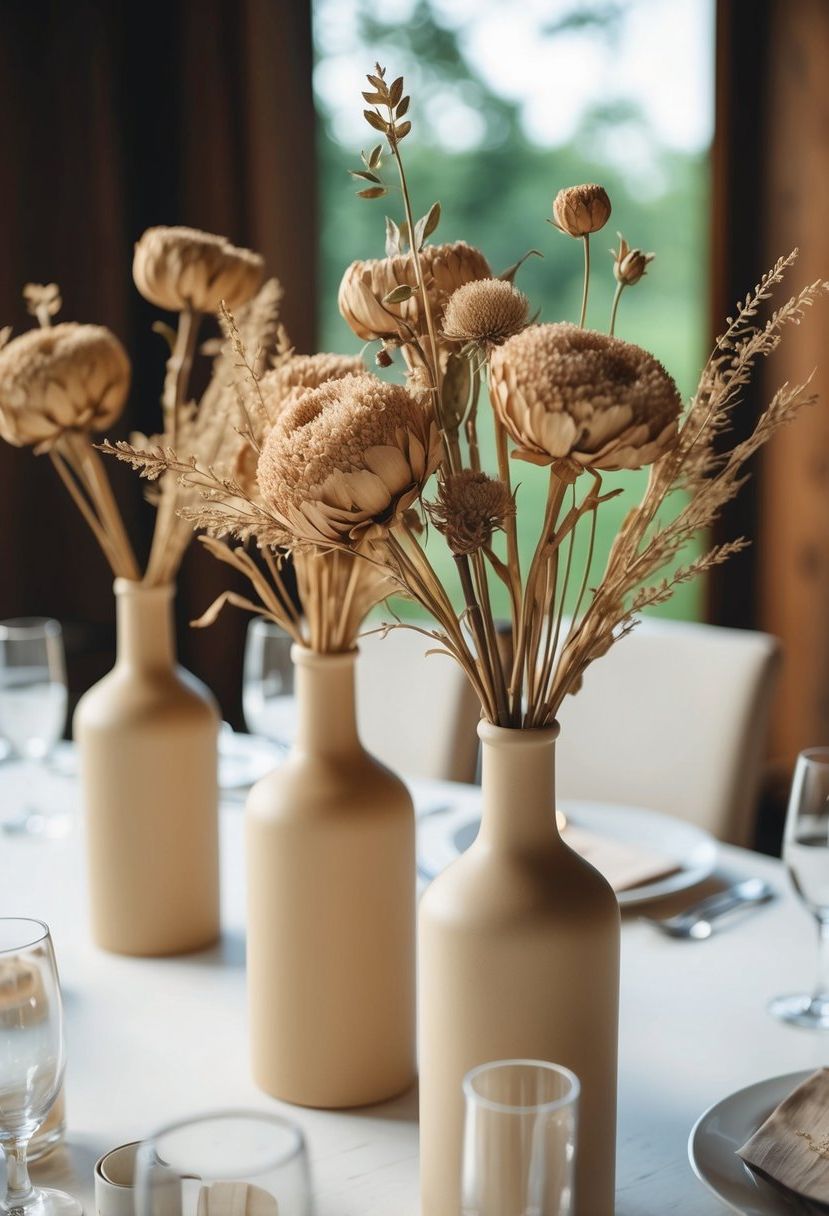 Dried blooms in beige vases on a wedding table