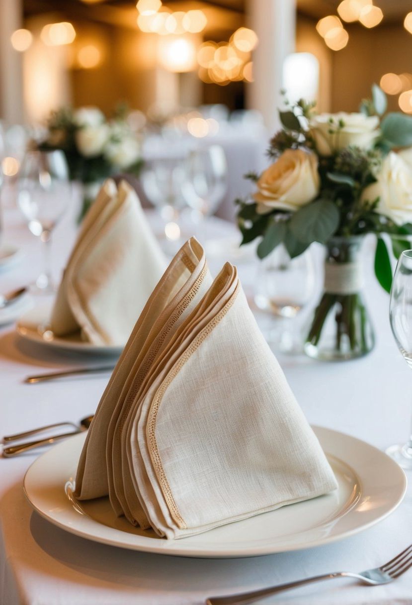 Linen napkins with beige trim neatly folded on a wedding reception table